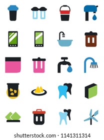 Color and black flat icon set - trash bin vector, bucket, tooth, mobile, blank box, water supply, bathroom, serviette, filter, windmill