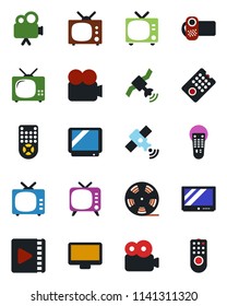 Color and black flat icon set - tv vector, reel, satellite, video camera, remote control, monitor