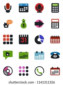 Color and black flat icon set - right arrow vector, calendar, circle chart, microphone, menu, calculator, phone, home message, money bag