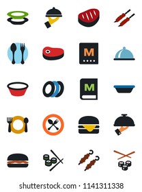 Color and black flat icon set - spoon and fork vector, dish, cafe, menu, plates, waiter, steak, kebab, hamburger, bowl, sushi