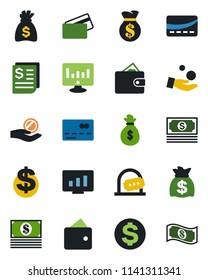 Color and black flat icon set - credit card vector, ticket office, dollar sign, money bag, statistic monitor, cash, receipt, wallet, investment