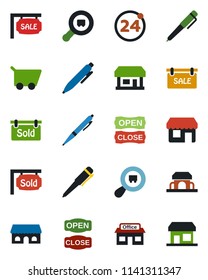 Color and black flat icon set - 24 around vector, pen, store, search cargo, sale, sold signboard, cafe building, open close, cart, storefront