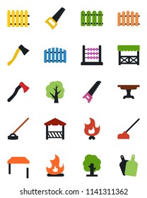 Color and black flat icon set - fence vector, tree, saw, fire, hoe, axe, abacus, table, alcove, cutting board