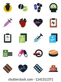 Color and black flat icon set - heart pulse vector, diagnosis, syringe, pills, blister, tomography, real, clipboard, hospital