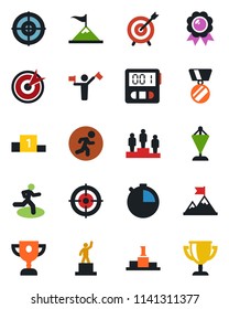 Color and black flat icon set - dispatcher vector, pedestal, pennant, medal, run, stopwatch, target, motivation, award cup