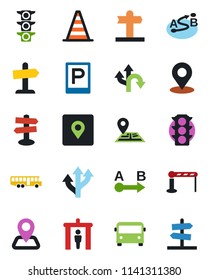 Color and black flat icon set - airport bus vector, parking, barrier, security gate, border cone, route, signpost, navigation, traffic light, place tag, guidepost