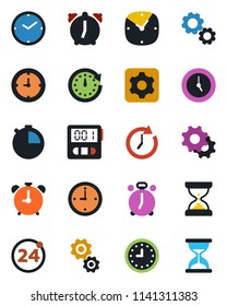 Color and black flat icon set - 24 around vector, alarm clock, settings, stopwatch, gear, sand