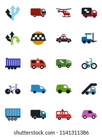 Color and black flat icon set - taxi vector, alarm car, fork loader, ladder, helicopter, ambulance, bike, route, truck trailer, delivery, moving