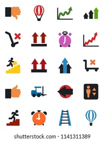 Color and black flat icon set - elevator vector, alarm clock, left arrow, fork loader, ladder, up side sign, no trolley, finger, down, career, graph, growth, air balloon