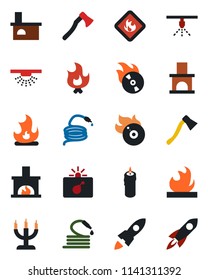 Color and black flat icon set - bomb in case vector, fire, hose, axe, fireplace, flammable, flame disk, candle, sprinkler, rocket