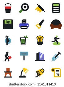 Color and black flat icon set - office building vector, printer, bucket, saw, plant label, fireplace, syringe, scales, run, pregnancy, search cargo, calculator, desk lamp, manager, phyto bar, bulb