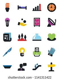 Color and black flat icon set - satellite antenna vector, escalator, reception bell, bed, pedestal, bulb, printer, glove, heart, clock, news, remote control, speaker, bar graph, archive box, pen