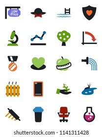 Color and black flat icon set - medal vector, crisis graph, watering, heart, microscope, shield, diet, phone back, point, pond, pool, fruit tree, low price signboard, heater, dress code, rolling pin