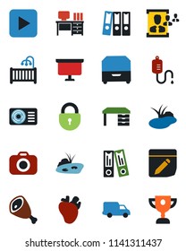 Color and black flat icon set - lock vector, office binder, desk, presentation board, pond, dropper, real heart, car delivery, camera, play button, notes, hr, paper, archive box, children room, ham