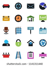 Color and black flat icon set - seat map vector, lock, mail, office chair, calendar, statistic monitor, ladder, plant label, clock, clipboard, warehouse storage, network, pie graph, support, target