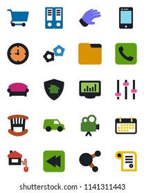 Color and black flat icon set - waiting area vector, gear, office binder, glove, clock, term, video camera, cell phone, share, rewind, call, tuning, folder, monitor statistics, children room, cart