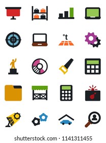 Color and black flat icon set - bomb in case vector, luggage storage, gear, pedestal, notebook pc, presentation board, circle chart, saw, laptop, settings, calculator, folder, bar graph, target