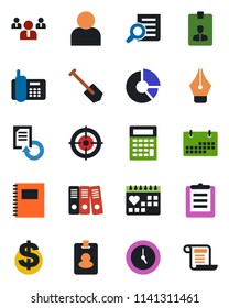 Color and black flat icon set - identity card vector, dollar sign, team, document search, job, reload, circle chart, medical calendar, office phone, clipboard, user, clock, copybook, ink pen, target