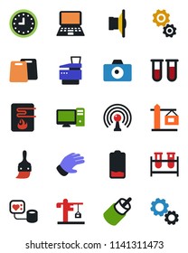Color and black flat icon set - camera vector, notebook pc, glove, blood pressure, test vial, clock, antenna, speaker, low battery, rca, themes, copier, crane, cutting board, water heater, gear