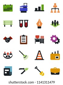 Color and black flat icon set - border cone vector, hierarchy, desk, job, rake, pruner, bench, blood test vial, settings, clipboard, calendar, company, bar graph, news, ink pen, copier, handshake