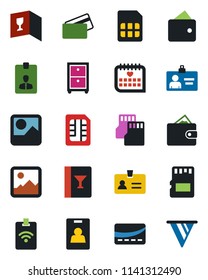 Color and black flat icon set - identity vector, card, medical calendar, gallery, sd, sim, archive box, wine, credit, pass, wallet, pennon
