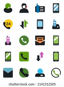 Color and black flat icon set - phone vector, mobile, office, 24 hours, support, cell, radio, call, mail, data exchange