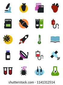 Color and black flat icon set - satellite antenna vector, book, blood test vial, dropper, microscope, ampoule, real heart, joint, virus, sd, thermometer, rocket, flask
