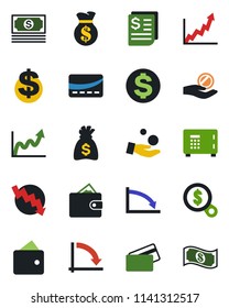 Color and black flat icon set - safe vector, dollar sign, money bag, crisis graph, cash, receipt, credit card, wallet, growth, search, investment
