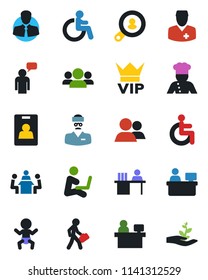 Color and black flat icon set - vip vector, baby, disabled, speaking man, manager place, doctor, client, group, identity card, desk, meeting, search, cook, with notebook, palm sproute