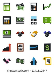 Color and black flat icon set - safe vector, handshake, growth statistic, calculator, abacus, cash, receipt, credit card, arrow up graph, contract