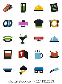 Color and black flat icon set - coffee vector, dish, restaurant table, cafe, cook hat, wine card, reserved, drink, cocktail, plates, bacon, waiter, building, receipt, chicken, bowl, knife