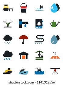 Color and black flat icon set - watering can vector, bucket, water drop, rain, well, drip irrigation, sea shipping, port, umbrella, warehouse, pond, pool, heater, warm floor, sprinkler
