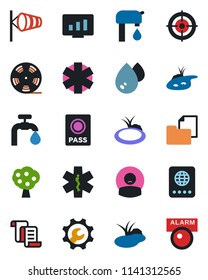 Color and black flat icon set - passport vector, wind, contract, statistic monitor, pond, ambulance star, patient, folder document, reel, root setup, target, water supply, fruit tree, alarm led
