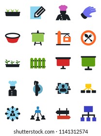 Color and black flat icon set - spoon and fork vector, signpost, hierarchy, presentation board, pencil, glove, seedling, pregnancy, hr, fence, crane, cook, bowl