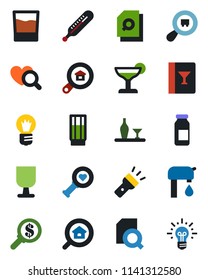 Color and black flat icon set - bulb vector, thermometer, heart diagnostic, ampoule, fragile, search cargo, torch, document, water supply, estate, alcohol, wine card, drink, cocktail, money, idea