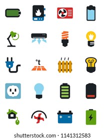 Color and black flat icon set - bulb vector, ripper, battery, low, desk lamp, heater, air conditioner, home control, socket, power plug, water, warm floor, energy saving