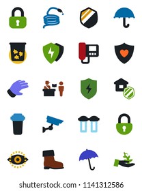 Color and black flat icon set - passport control vector, umbrella, trash bin, glove, boot, hose, heart shield, protect, lock, eye id, estate insurance, intercome, water filter, surveillance