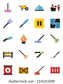 Color and black flat icon set - passport control vector, farm fork, rake, wheelbarrow, pruner, hoe, scalpel, container, oil barrel, rack, pause button, application, ink pen, dish, knife, radiator