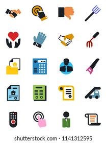 Color and black flat icon set - ladder car vector, handshake, garden fork, farm, glove, saw, heart hand, client, touch screen, finger down, contract, estate document, waiter, remote control