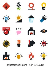 Color and black flat icon set - sun vector, brainstorm, bulb, fire, garden light, eye, traffic, torch, brightness, fireplace, smoke detector, energy saving, alarm led, shining head, idea