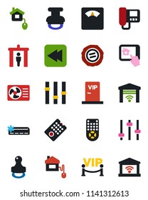 Color and black flat icon set - security gate vector, stamp, scales, settings, remote control, rewind, tuning, air conditioner, vip zone, home, intercome, app, garage