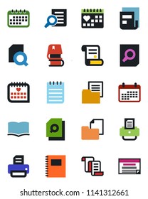 Color and black flat icon set - contract vector, book, document search, notepad, printer, medical calendar, folder, copybook, news, schedule