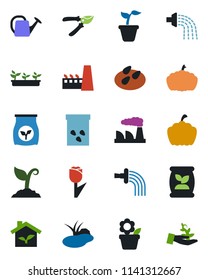 Color and black flat icon set - factory vector, flower in pot, seedling, watering can, sproute, pruner, pumpkin, seeds, pond, fertilizer, tulip, eco house, palm