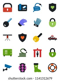 Color and black flat icon set - security gate vector, alarm car, safe, lock, glove, boot, hose, heart shield, traffic light, key, intercome, surveillance, sprinkler, crisis management