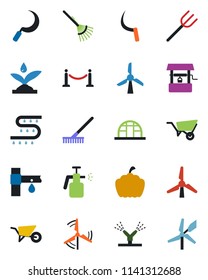 Color and black flat icon set - fence vector, farm fork, rake, wheelbarrow, well, sickle, pumpkin, greenhouse, garden sprayer, drip irrigation, windmill