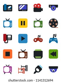 Color and black flat icon set - film frame vector, reel, tv, gamepad, play button, pause, stop, rewind, hdmi, video, web camera, intercome, surveillance