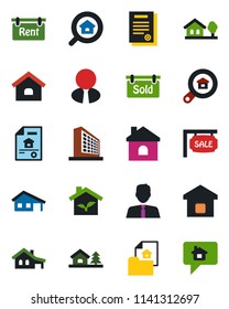 Color and black flat icon set - office building vector, house, contract, with garage, tree, estate document, sale, rent, sold signboard, search, agent, smart home, eco, message