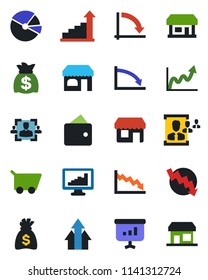Color and black flat icon set - shop vector, growth statistic, money bag, crisis graph, store, monitor statistics, pie, hr, arrow up, wallet, cart, presentation, storefront