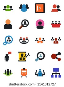 Color and black flat icon set - train vector, checkroom, speaking man, team, patient, group, user, company, hr, meeting, client search, consumer, social media, hierarchy