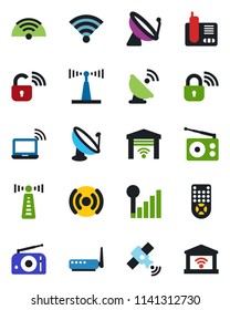 Color and black flat icon set - antenna vector, satellite, wireless notebook, radio, remote control, phone, cellular signal, lock, router, garage gate
